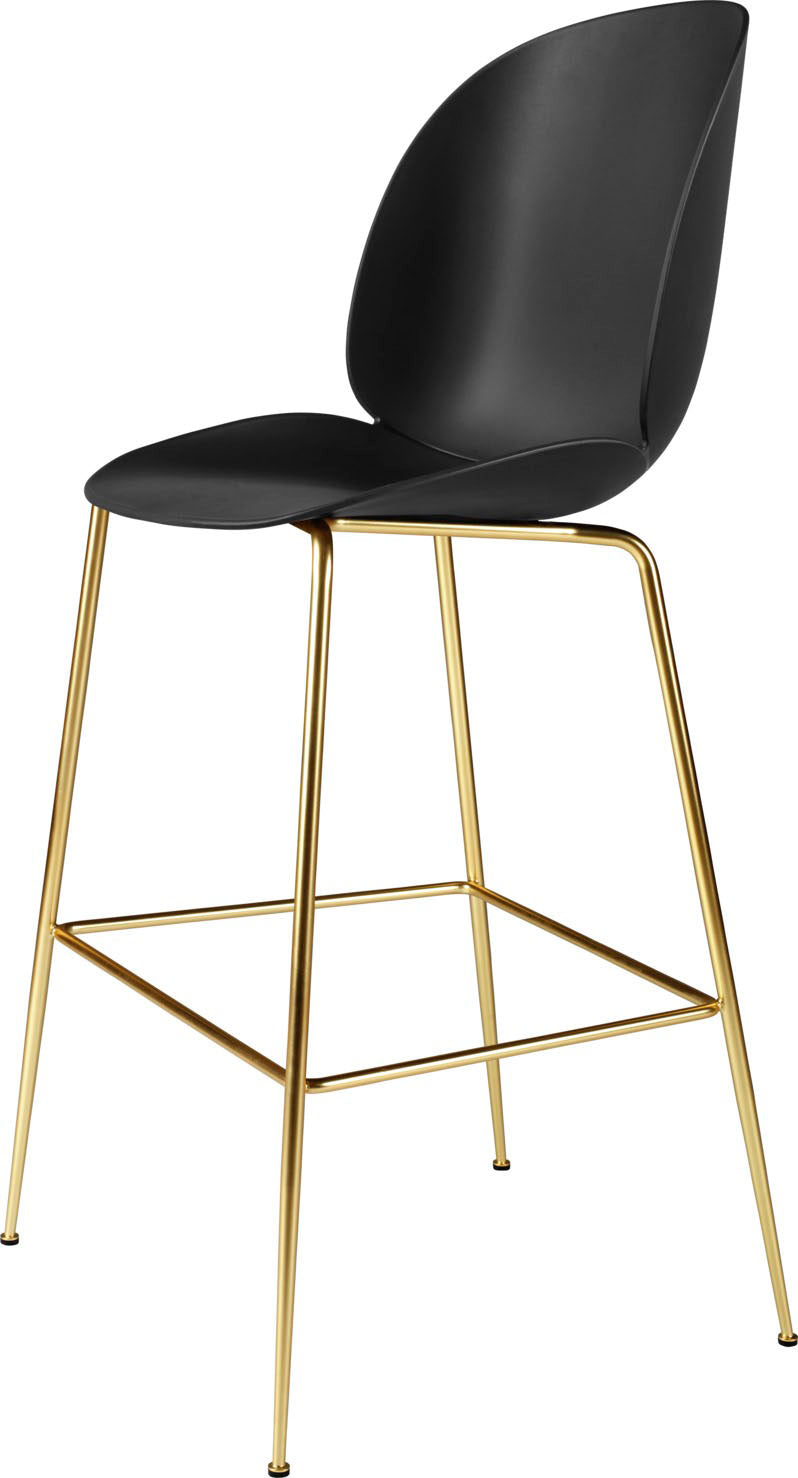 Chair with smooth matte black plastic seat and backrest, supported by slender polished gold metal legs with footrest bar