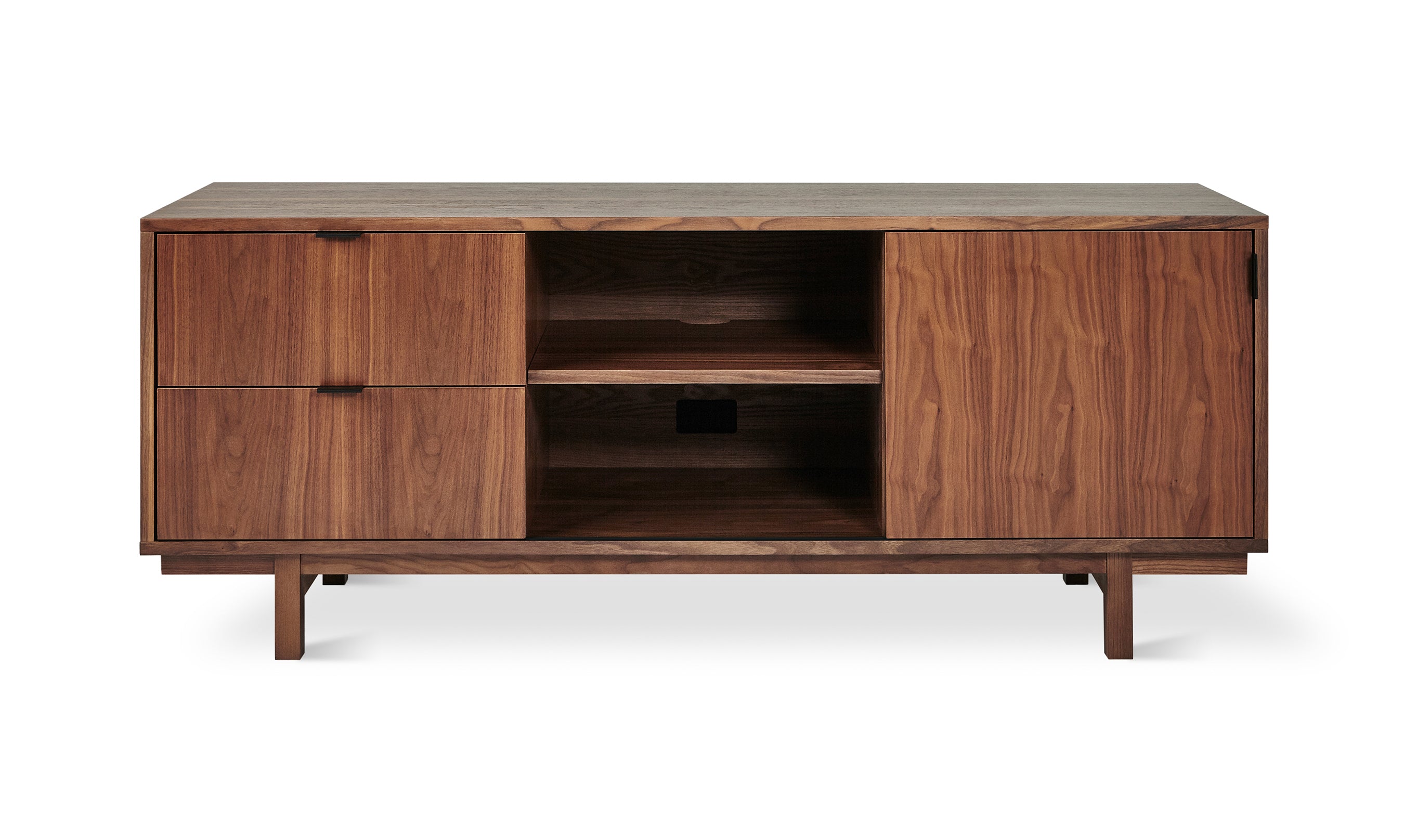The Gus Modern Belmont Media Stand features a sleek walnut finish, two drawers, an open center shelf, and a large cabinet door—ideal as stylish media storage for contemporary spaces.