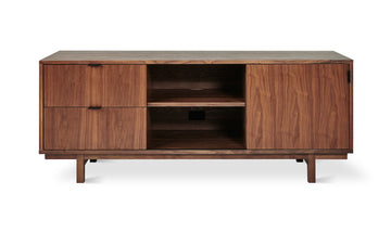 The Gus Modern Belmont Media Stand features a sleek walnut finish, two drawers, an open center shelf, and a large cabinet door—ideal as stylish media storage for contemporary spaces.