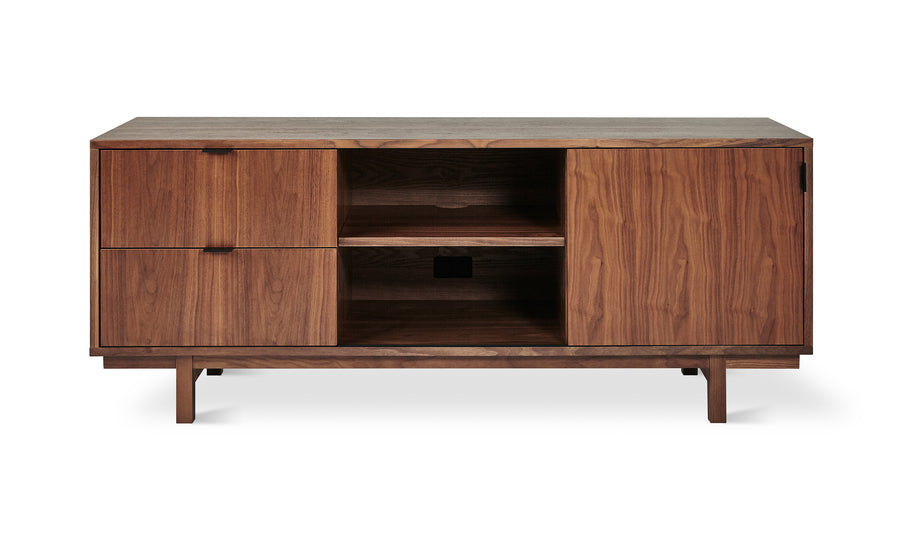 The Gus Modern Belmont Media Stand features a sleek walnut finish, two drawers, an open center shelf, and a large cabinet door—ideal as stylish media storage for contemporary spaces.