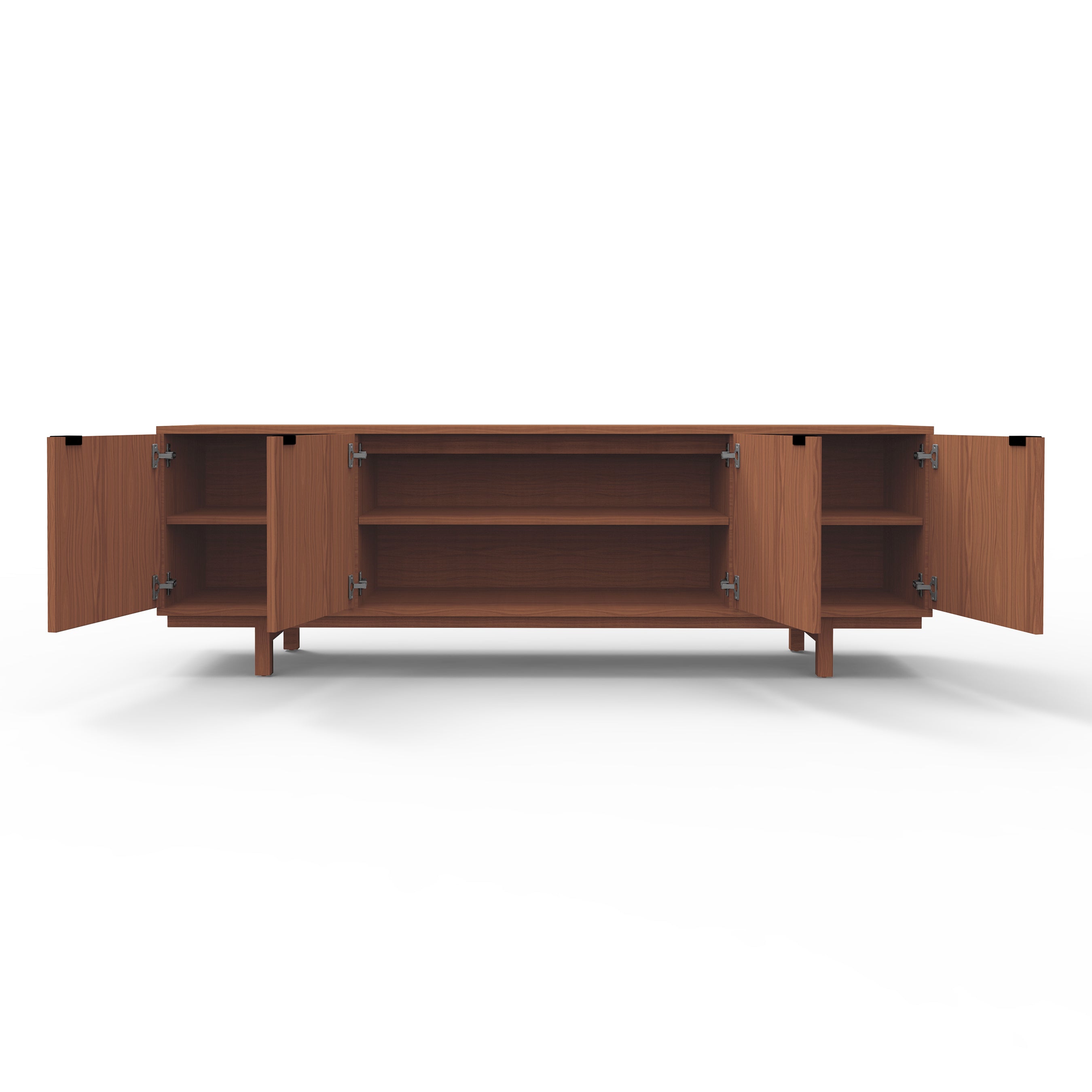 The Belmont Credenza by Gus Modern features four open doors with spacious walnut storage shelves, shown against a plain white background.