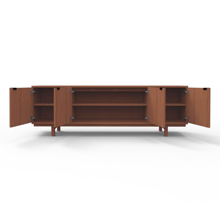 The Belmont Credenza by Gus Modern features four open doors with spacious walnut storage shelves, shown against a plain white background.