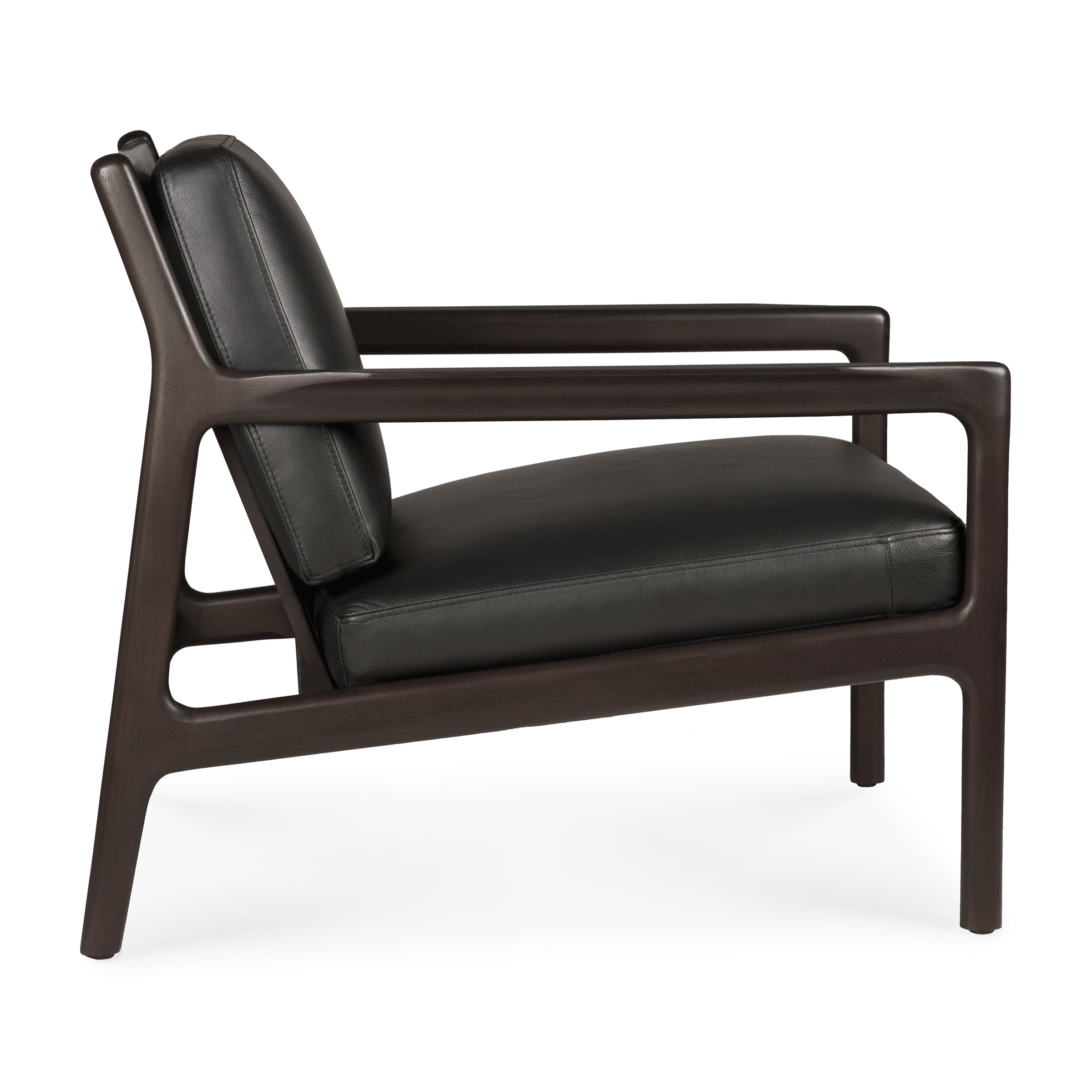 Jack Lounge Chair with dark mahogany frame and black leather cushions reflecting Scandinavian modernism design.