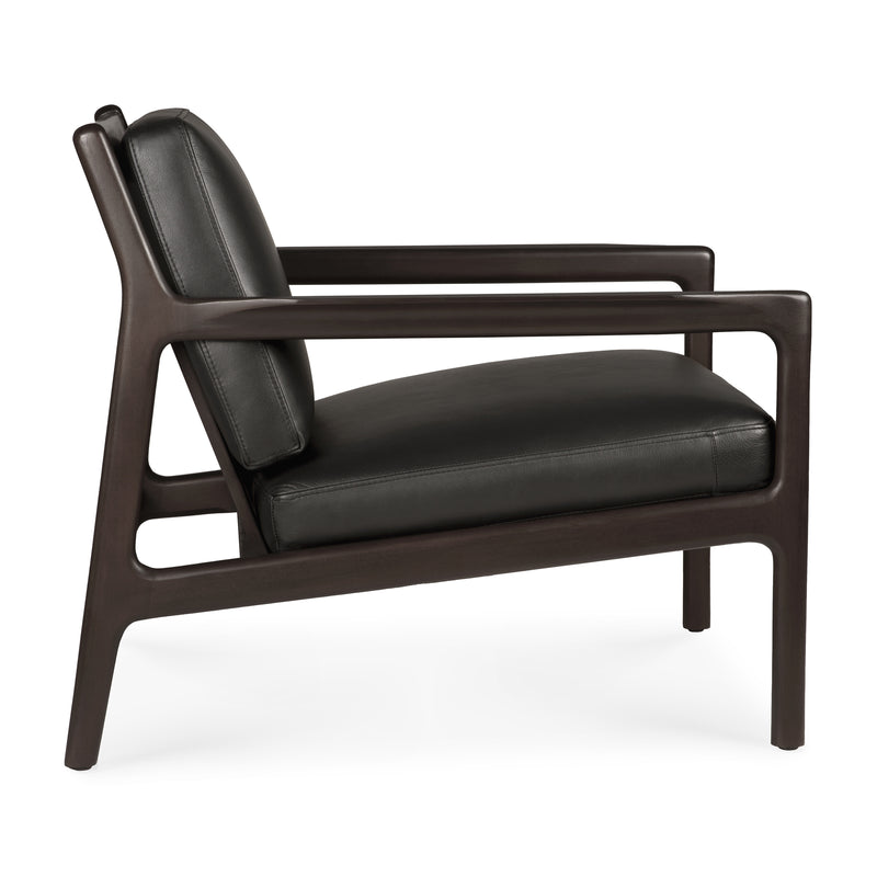 Jack Lounge Chair with dark mahogany frame and black leather cushions reflecting Scandinavian modernism design.