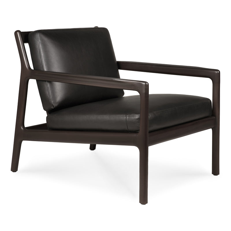 Jack Lounge Chair with dark mahogany frame and black leather cushions, featuring Scandinavian modern design.