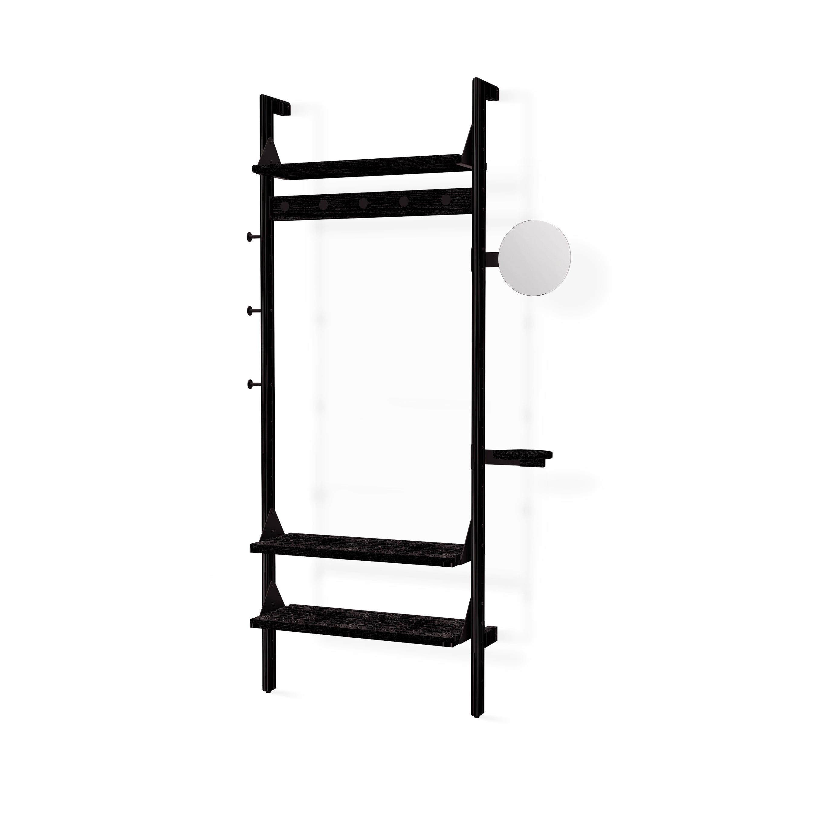 The Gus Modern Branch 1 Entryway Unit is a sleek black wall-mounted organizer featuring shelves, hooks, a round mirror, and a tray for customizable entryway or hallway storage, shown on a white background.