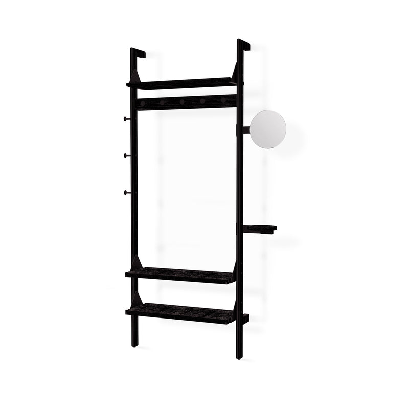 The Gus Modern Branch 1 Entryway Unit is a sleek black wall-mounted organizer featuring shelves, hooks, a round mirror, and a tray for customizable entryway or hallway storage, shown on a white background.