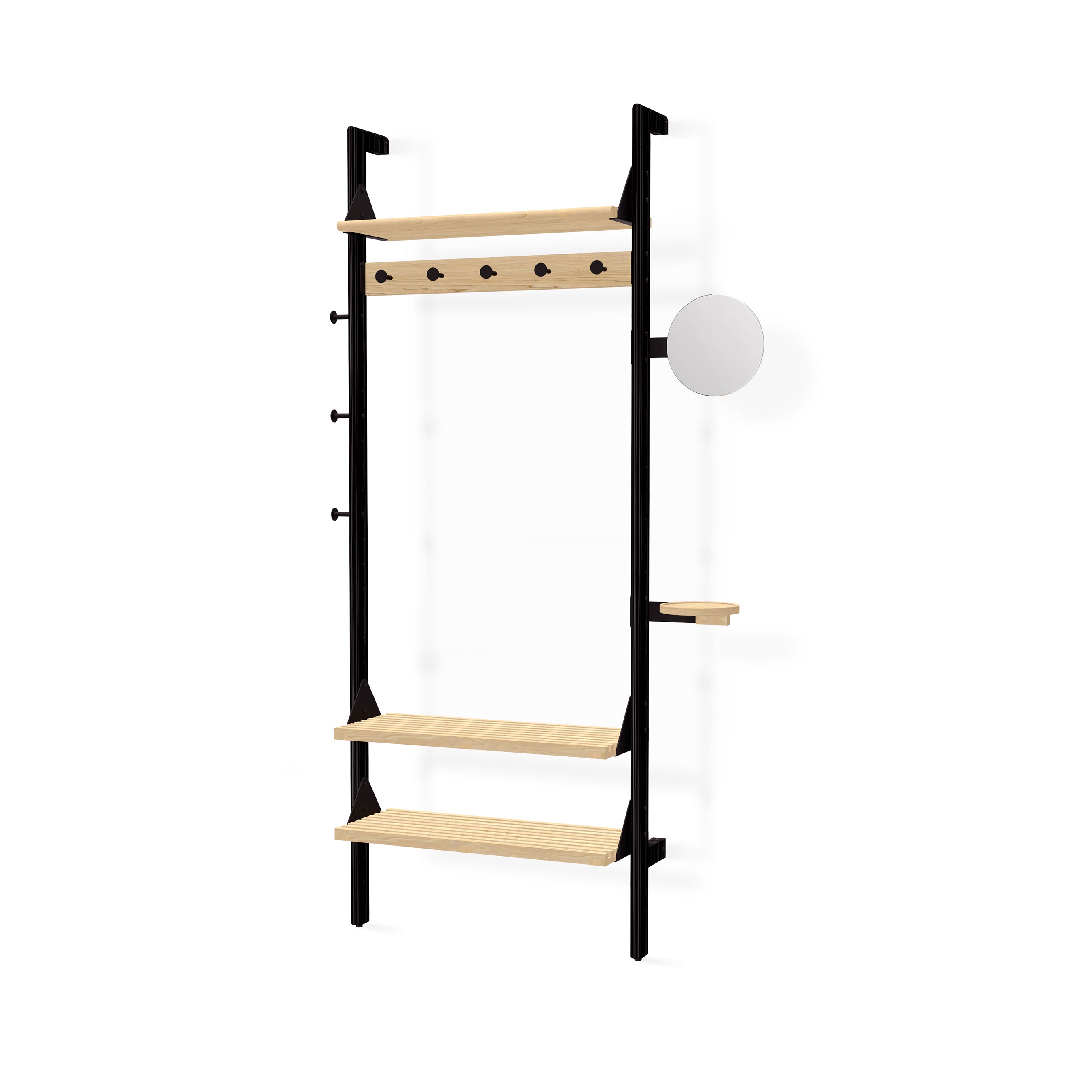 The Branch 1 Entryway Unit by Gus Modern features a black metal frame, three light wood shelves, hooks, a round mirror, and a side platform—offering sleek, modular organization for modern spaces. Shown against a white background.