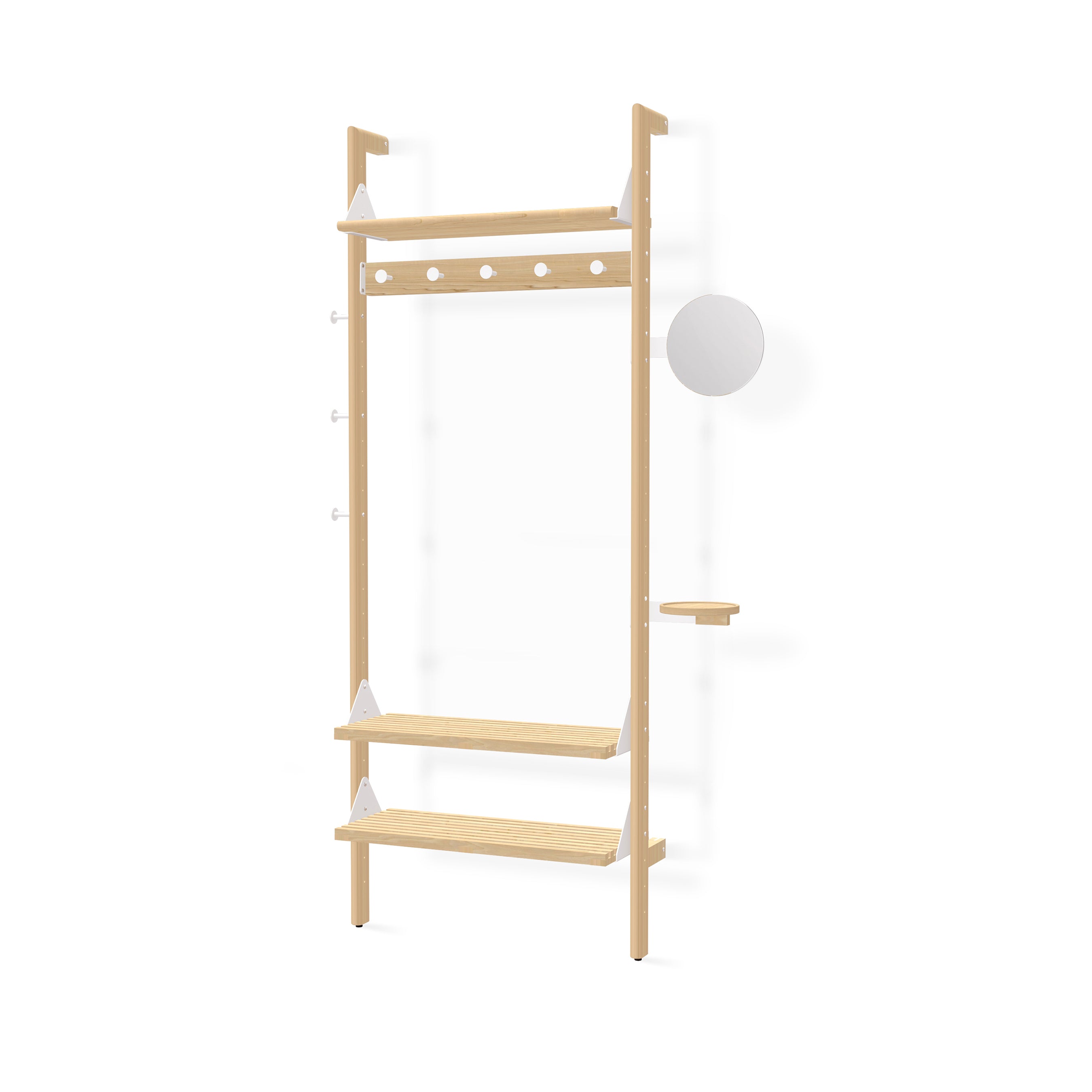 The Gus Modern Branch 1 Entryway Unit is a minimalist wooden shelving system with two lower shelves, a top shelf with circular cutouts, white side brackets, a small round mirror, and tray—perfect for customizable storage.