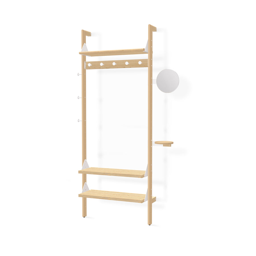 The Gus Modern Branch 1 Entryway Unit is a minimalist wooden shelving system with two lower shelves, a top shelf with circular cutouts, white side brackets, a small round mirror, and tray—perfect for customizable storage.