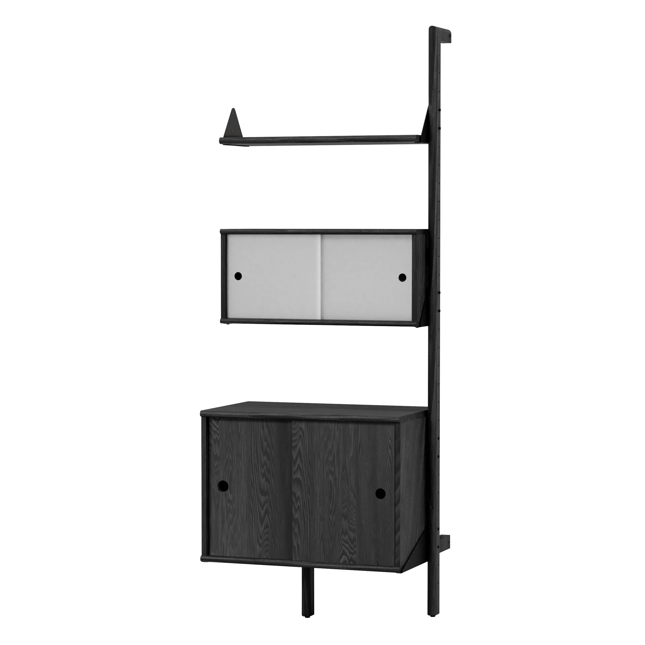 The Branch Multi Storage Unit Add-On by Gus Modern is a modern black wood wall-mounted shelf with three levels: a top shelf, a middle section with two white sliding doors, and a bottom cabinet with two black doors for modular storage.
