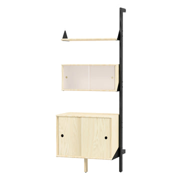 The Gus Modern Branch Multi Storage Unit Add-On is a modern, wall-mounted shelving unit with black frame and light wood shelves, featuring three compartments: an open shelf, a middle shelf with frosted sliding doors, and a bottom cabinet.