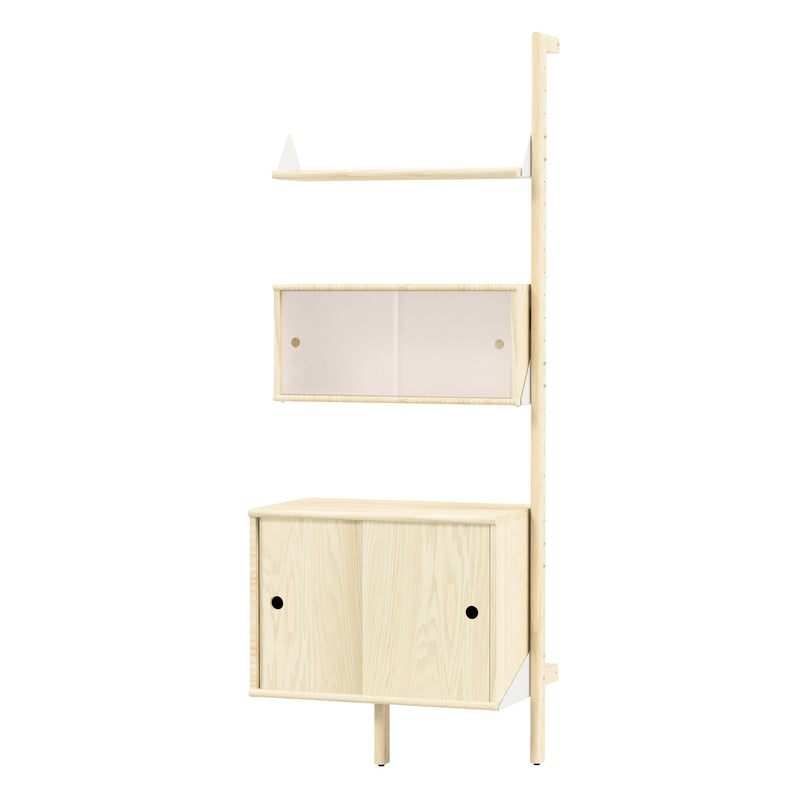 The Gus Modern Branch Multi Storage Unit Add-On is a light wood, wall-mounted, mid-century shelf with three sections: an open top shelf, a middle shelf with two sliding frosted doors, and a bottom cabinet with two wooden sliding doors.
