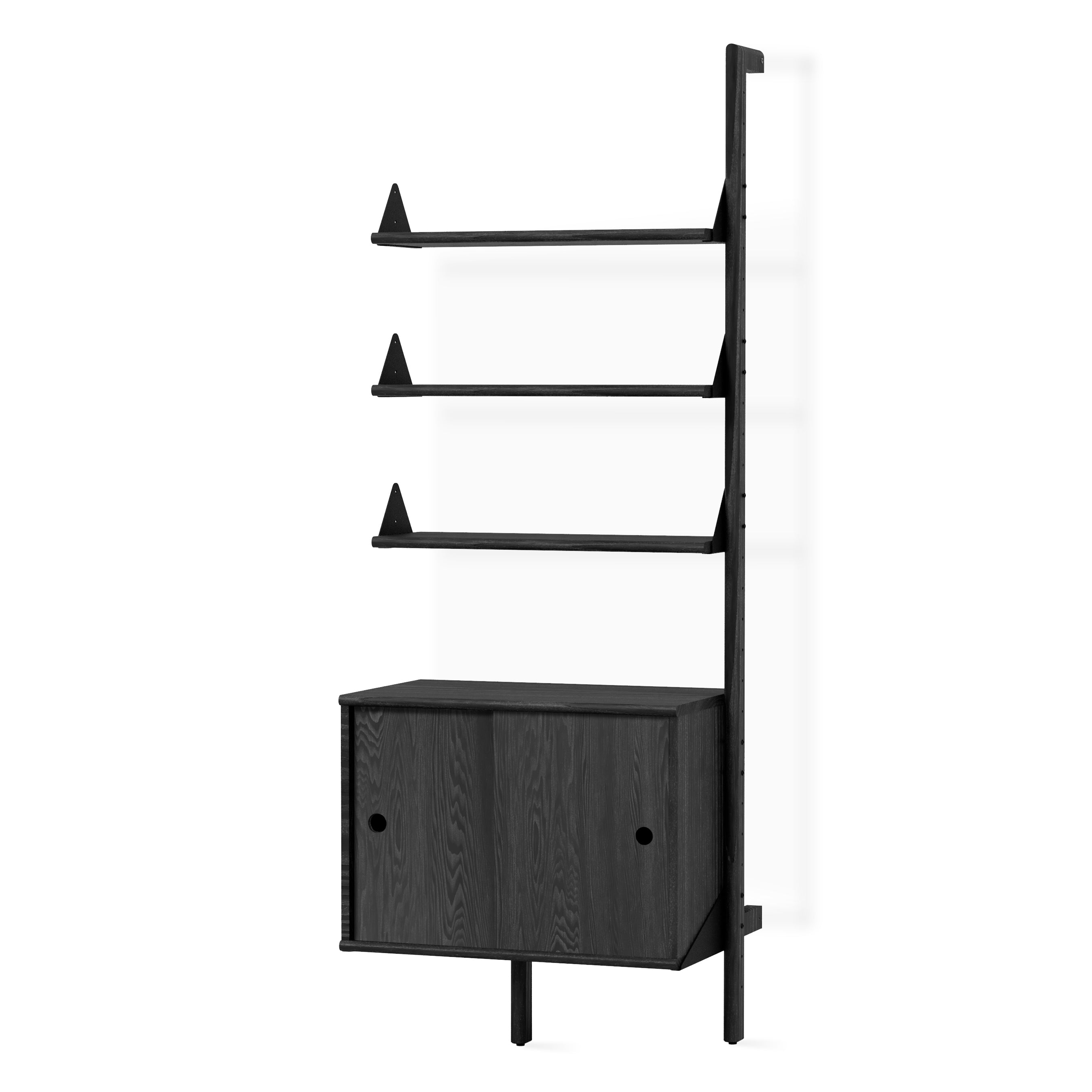 The Gus Modern Branch Storage Unit Add-On is a modern black shelving unit with three open shelves above a two-door cabinet, supported by a vertical frame. This minimalist, freestanding storage offers sleek, adaptable organization for any space.