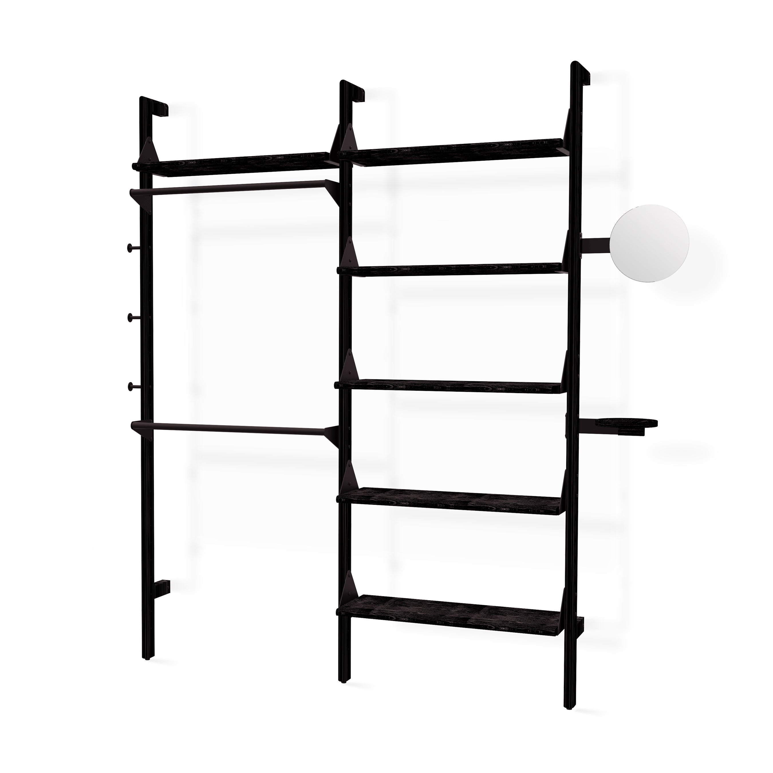 The Branch 2 Display Unit by Gus Modern is a minimalist black wall-mounted shelving system featuring multiple shelves, two hanging rods, a side shelf, and an attached round globe lamp—ideal for modular open storage.