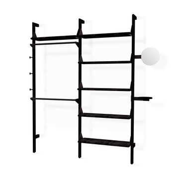 The Branch 2 Display Unit by Gus Modern is a minimalist black wall-mounted shelving system featuring multiple shelves, two hanging rods, a side shelf, and an attached round globe lamp—ideal for modular open storage.