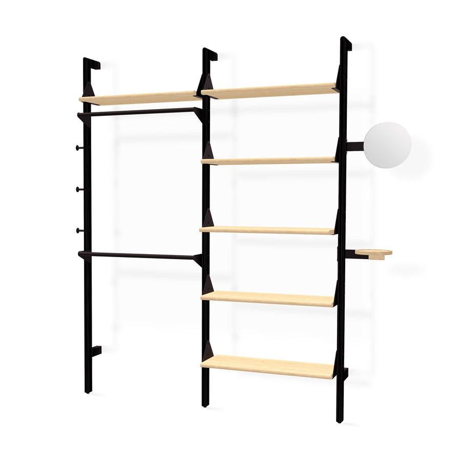 The Branch 2 Display Unit by Gus Modern features black metal supports, light wood shelves, a hanging rod, hooks, a side tray, and a round white mirror for versatile open storage in any space.