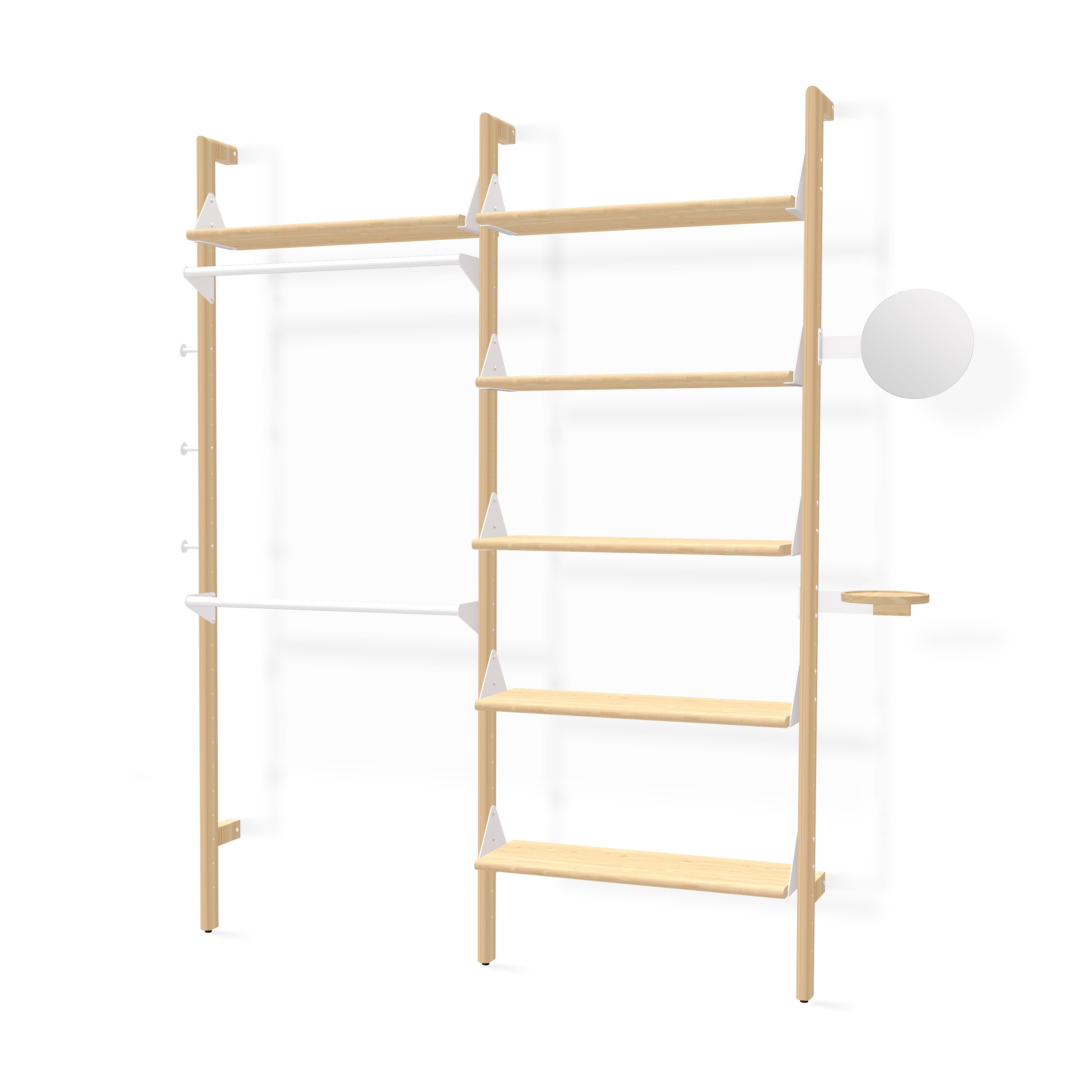 The Branch 2 Display Unit by Gus Modern is a minimalist wall-mounted shelving system with light wooden shelves, vertical supports, a small round mirror, and a right-side narrow shelf—perfect for modern, versatile storage.