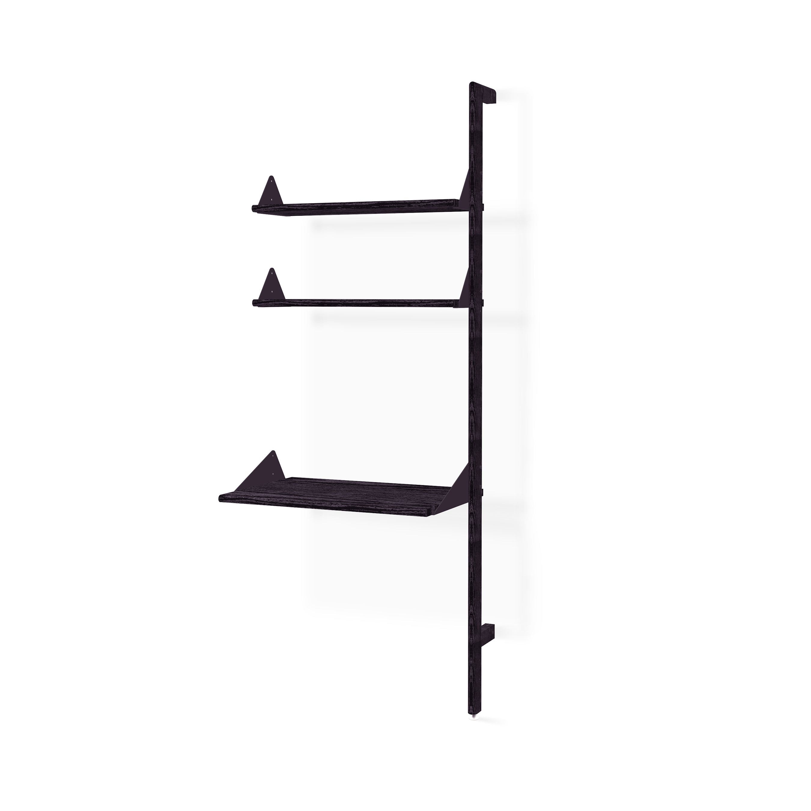 The Gus Modern Branch Desk Shelving Unit Add-On is a minimalist black wall-mounted unit with three staggered rectangular shelves and triangular supports, shown against a plain white background.
