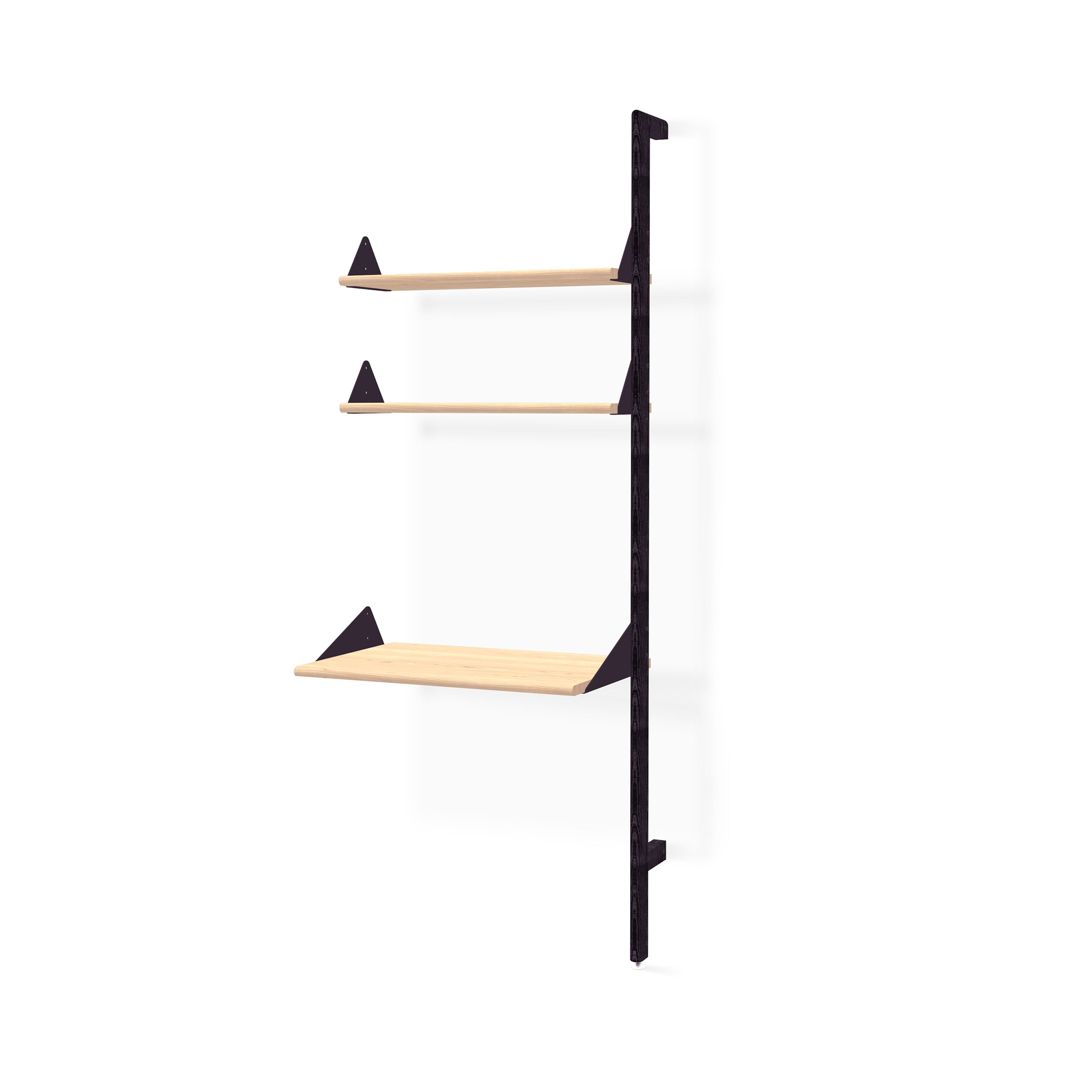 The Gus Modern Branch Desk Shelving Unit Add-On showcases three light wooden shelves, black metal brackets, and a vertical frame, bringing mid-century style to your space against a clean white backdrop.