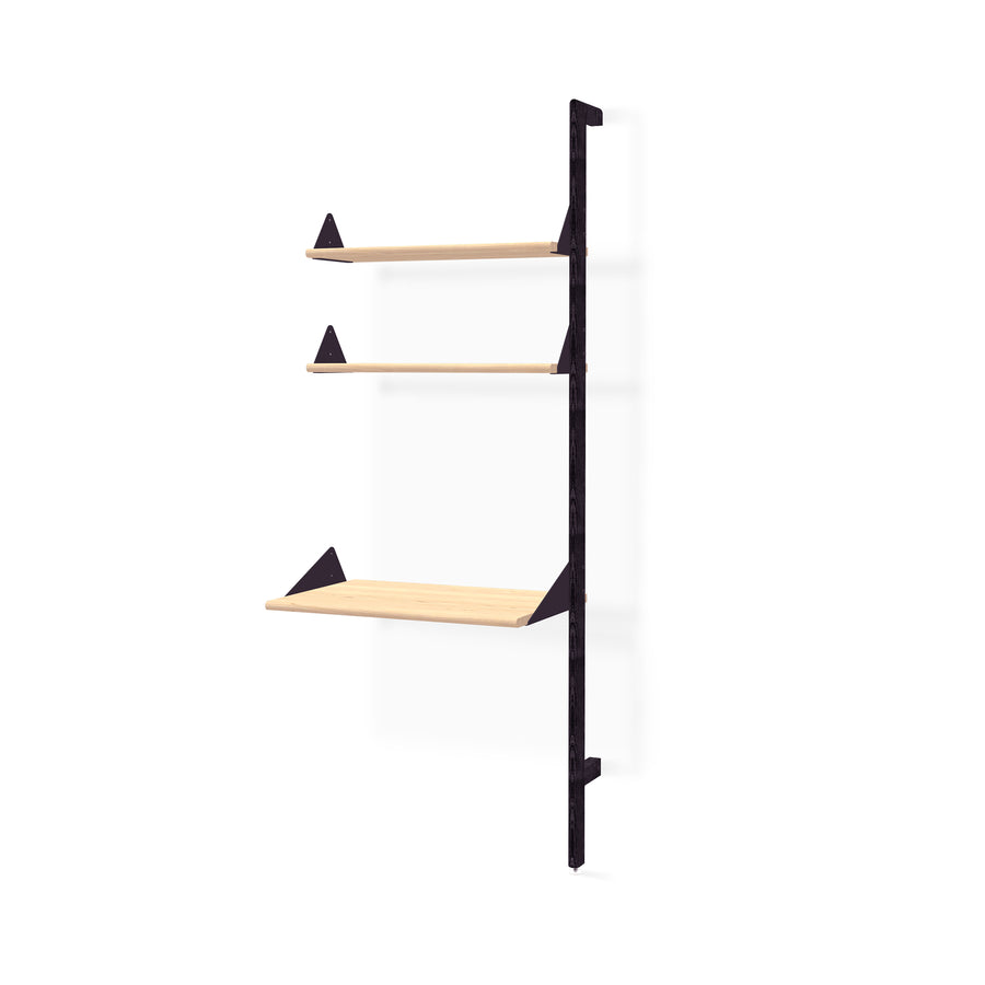 The Gus Modern Branch Desk Shelving Unit Add-On showcases three light wooden shelves, black metal brackets, and a vertical frame, bringing mid-century style to your space against a clean white backdrop.