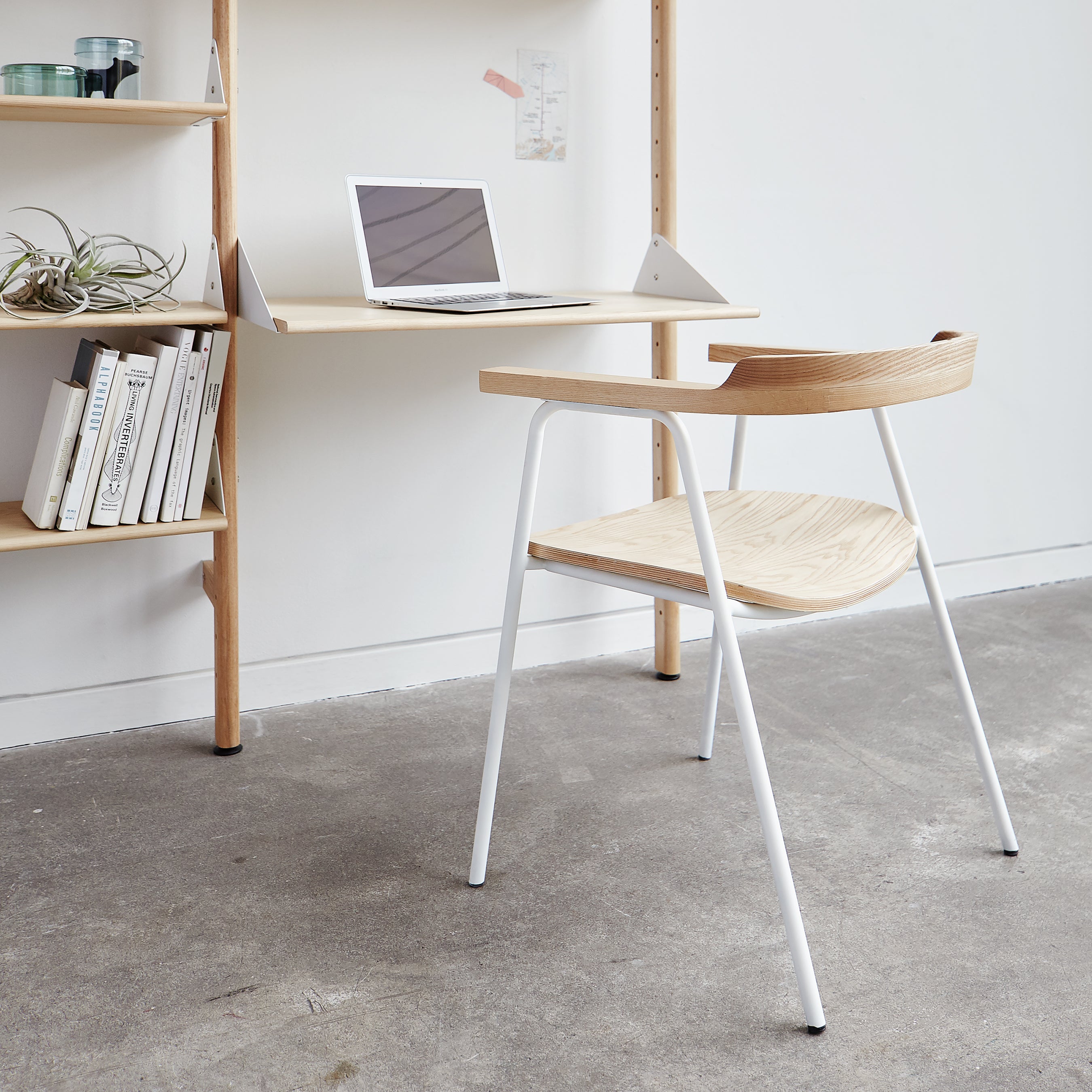 Minimalist workspace with a wooden chair, floating desk with open laptop, and a Gus Modern Branch Desk Shelving Unit Add-On displaying books, a potted plant, and glass terrarium against a white wall on concrete floor.