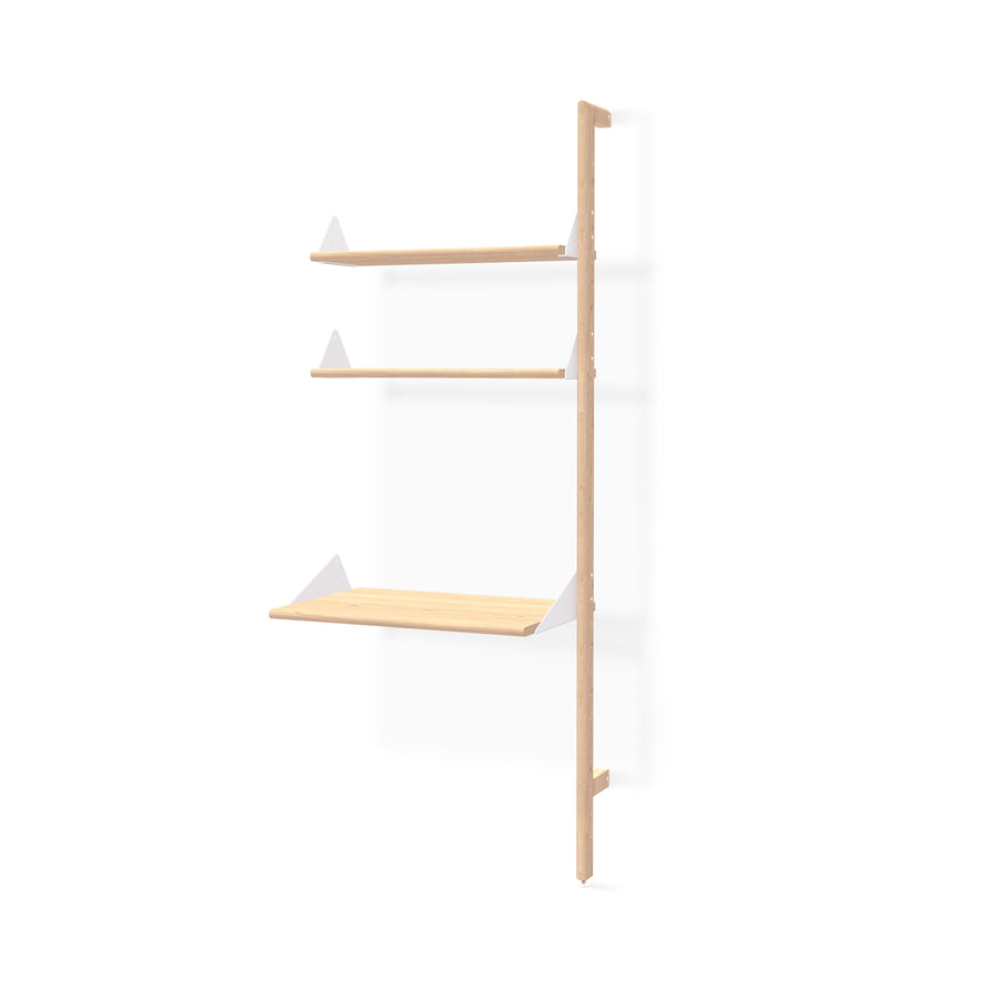 The Gus Modern Branch Desk Shelving Unit Add-On features three light wood shelves and white brackets on a single frame, bringing modular mid-century style to your workspace.