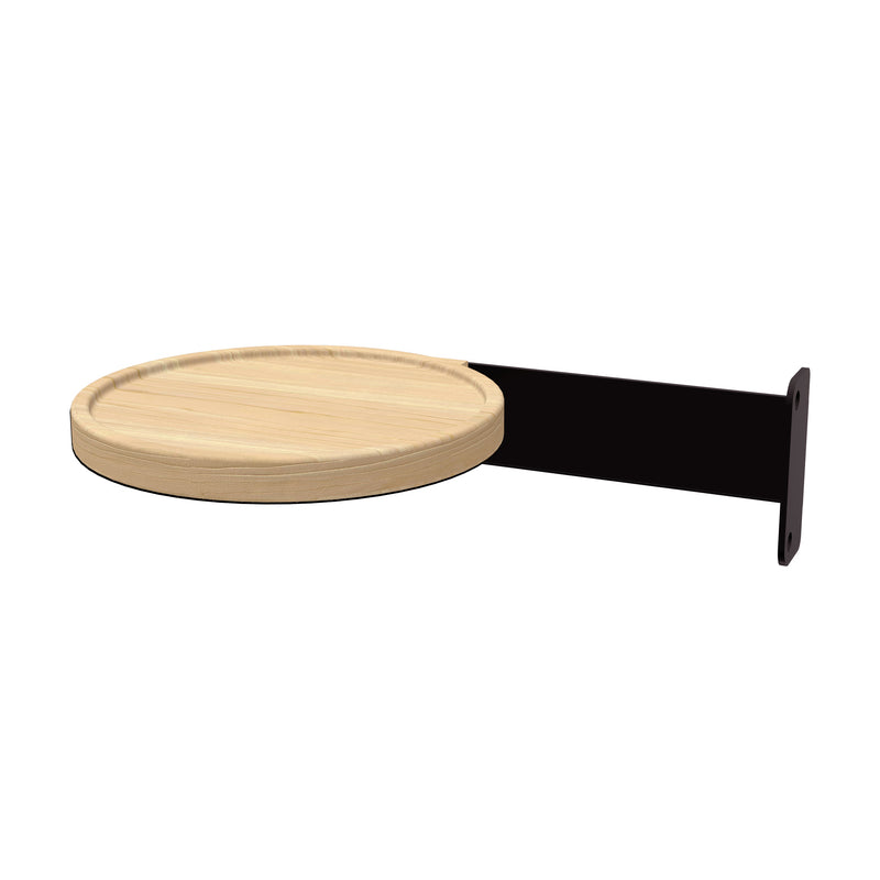 The Branch Side Tray by Gus Modern is a round, light-finished wooden shelf with a flat black metal bracket on the right for wall mounting—perfect for customizable shelving and open storage. Shown against a plain white background.