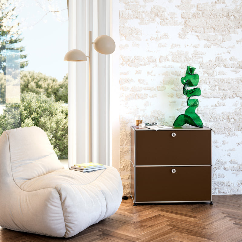 Haller Storage C1A18 brown steel credenza with top drop down door and bottom drawer in stylish modern room setting