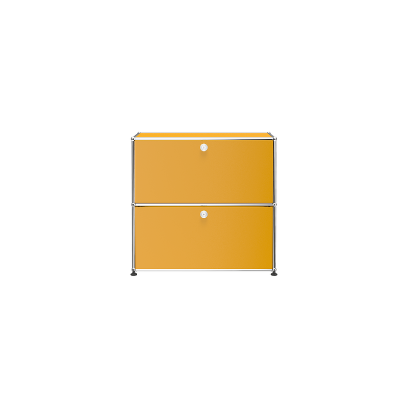 Haller Storage C1A18 with powder-coated steel panels, chrome frame, top drop door, and bottom drawer in golden yellow.