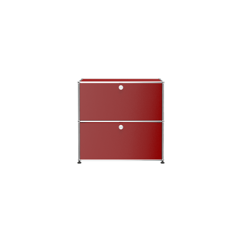 Haller Storage C1A18 in USM Ruby Red with coin-lock top drop-down door and bottom drawer, steel frame and panels.