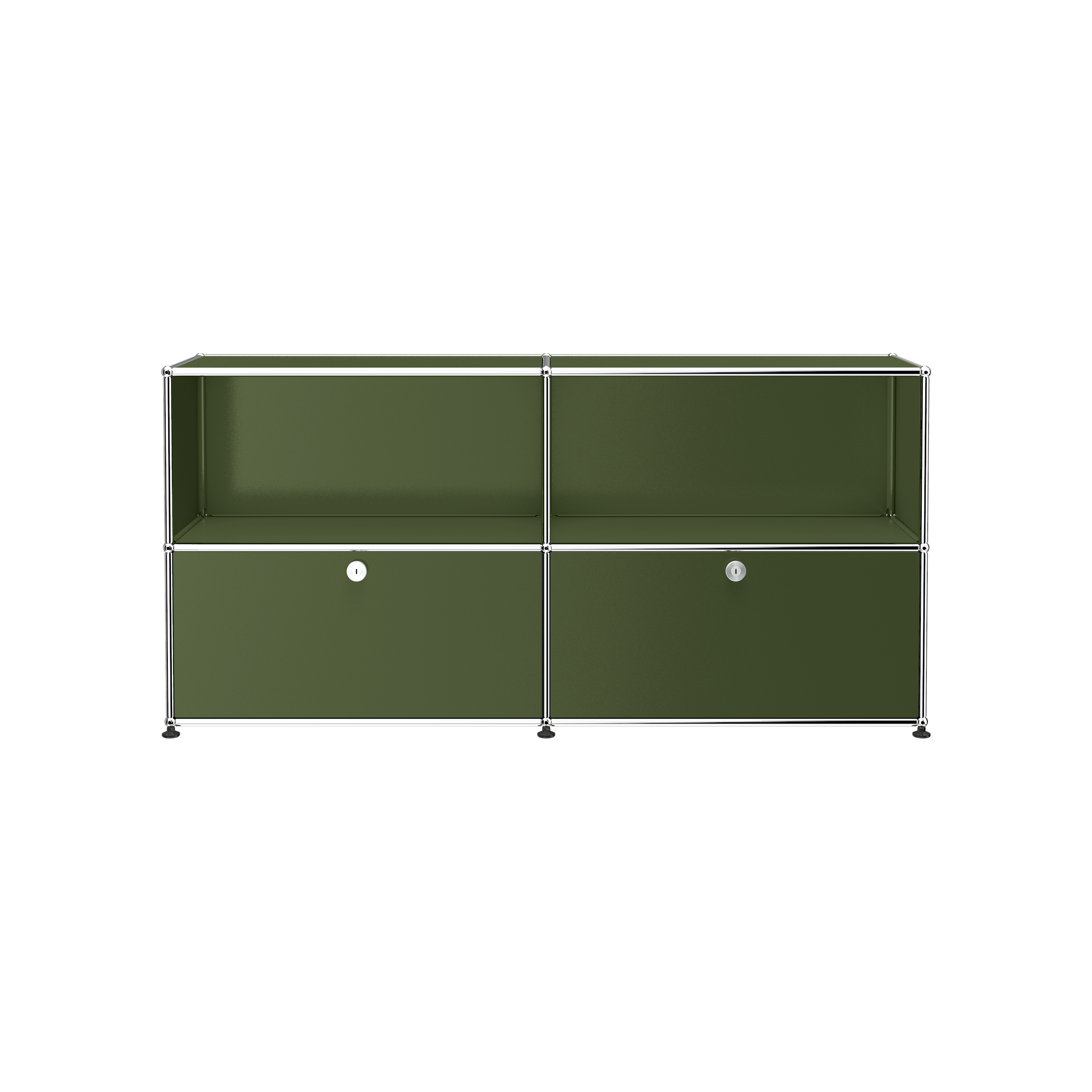 Haller Credenza C2A in olive green with open top shelves and two lockable drop-down doors in powder-coated steel.