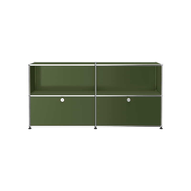 Haller Credenza C2A in olive green with open top shelves and two lockable drop-down doors in powder-coated steel.