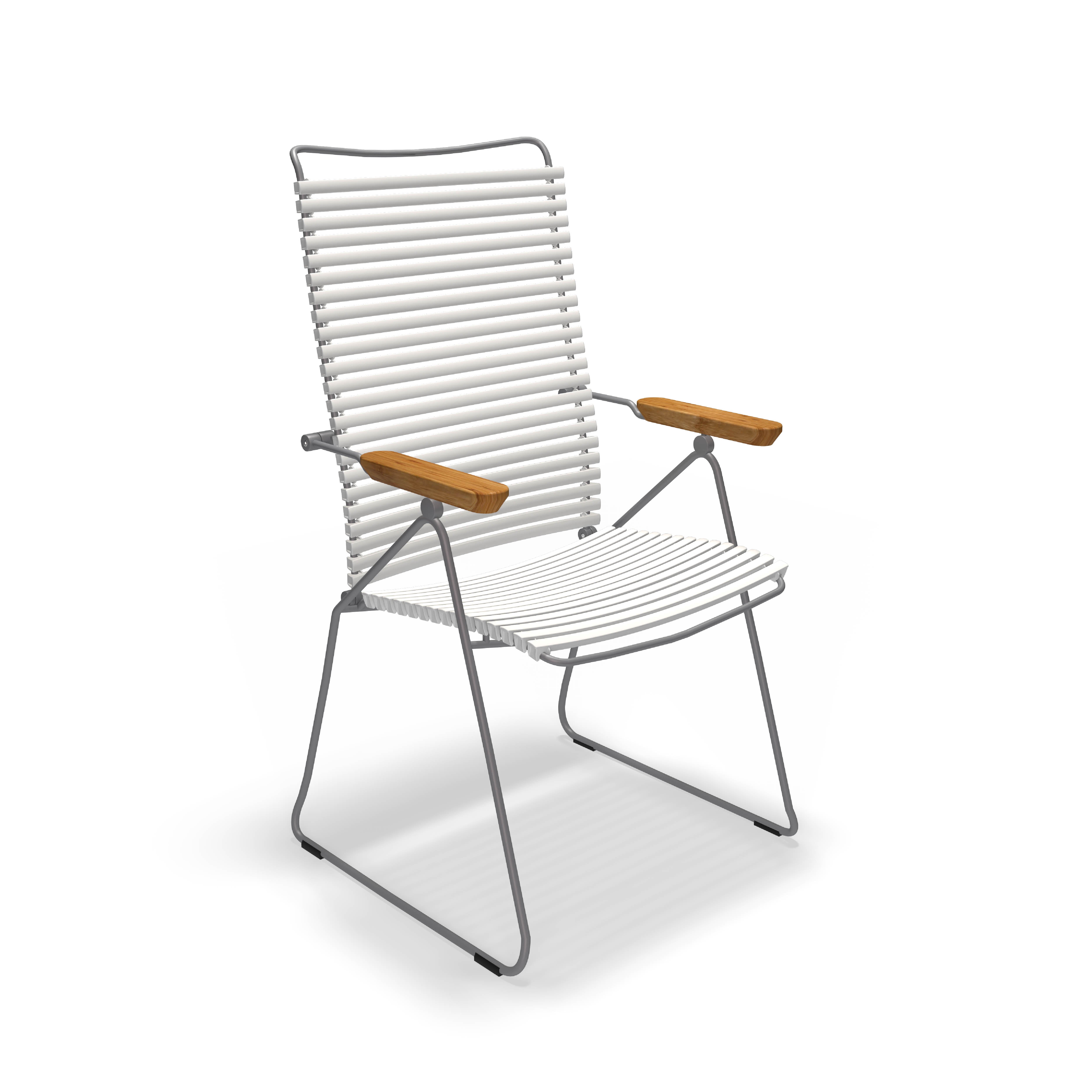 The Click Position Chair by Houe is a white, modern outdoor chair with a metal frame and wooden armrests. It features weather-resistant materials, minimalist style, plastic lamellas for the backrest and seat, and angled legs for a sleek look.