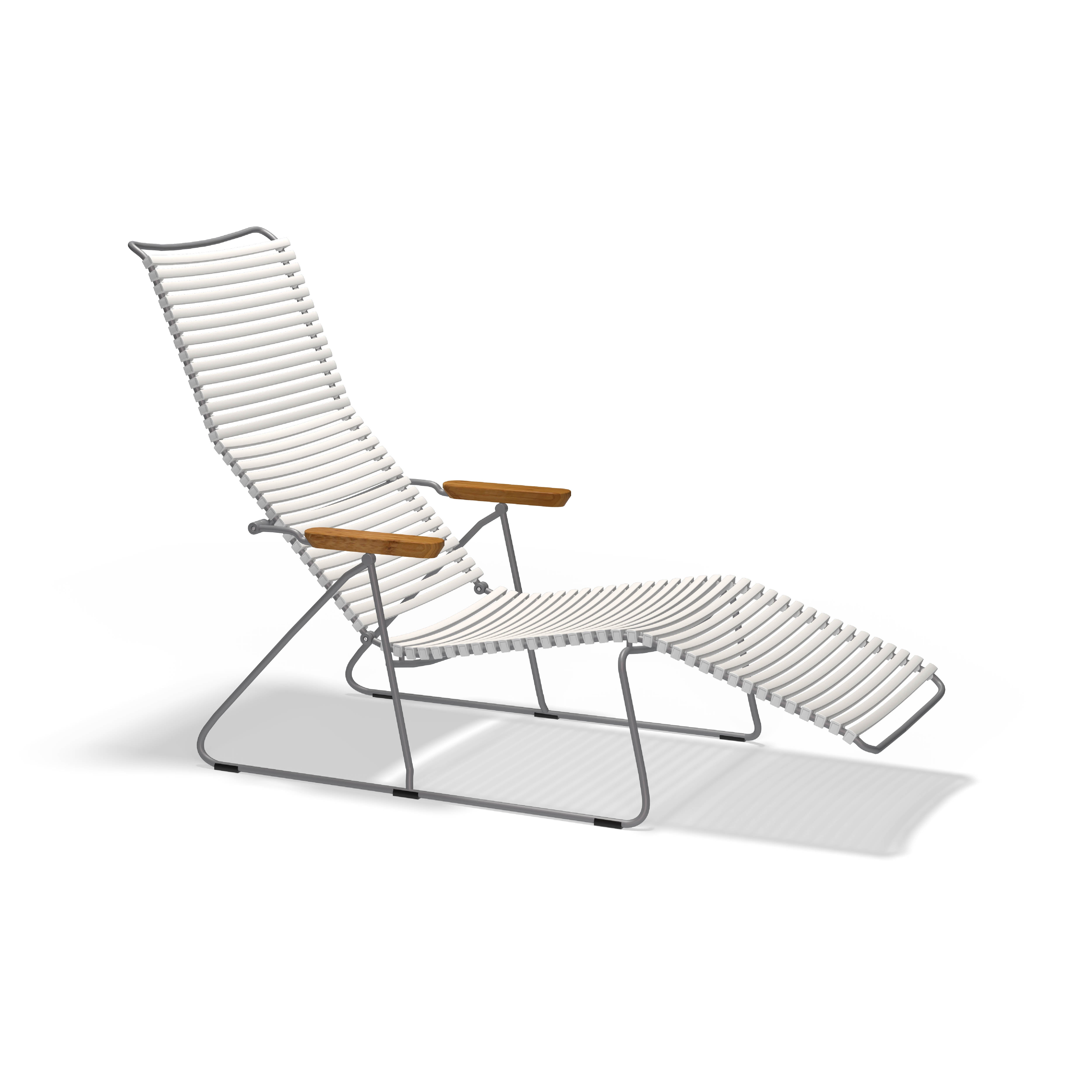 The Houe Click Sunlounger is a modern outdoor chair featuring a metal frame, UV-protected white rope seating, and wooden armrests. Designed for comfort, it features a reclined design with an extended footrest, eliminating the need for cushions.