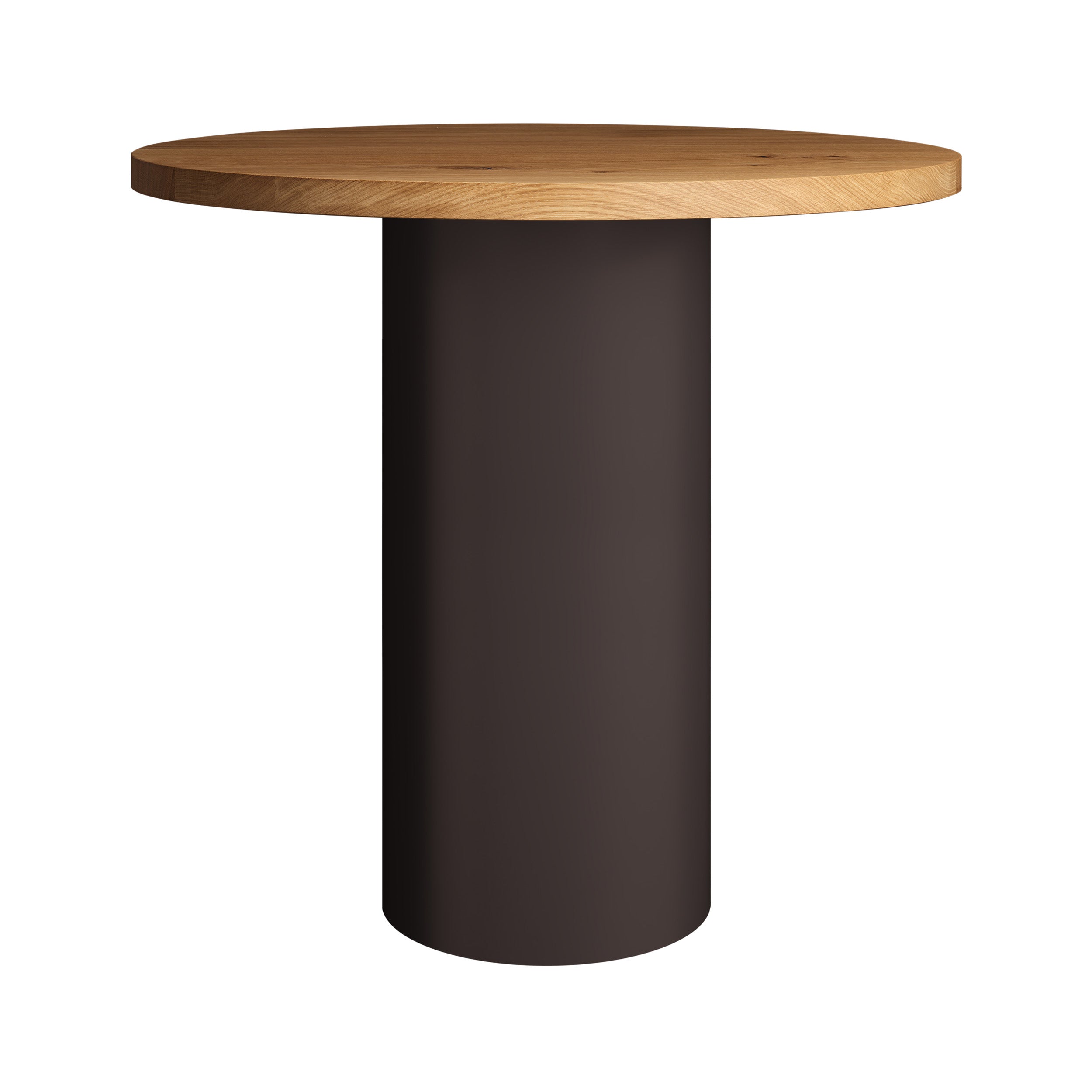 Discover the E15 CT09 ENOKI BISTRO: a modern round table with a light wooden top and solid cylindrical black base. Its sleek design elegantly contrasts rich wood with a dark base, showcasing minimalist style.