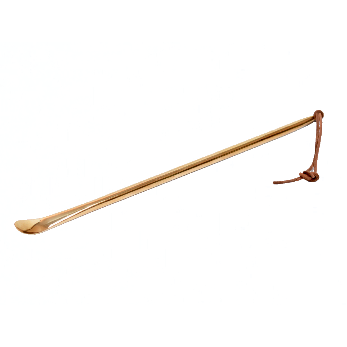 Werkstätte Carl Auböcks Shoehorn #4226, a sleek design with shiny metal and a slightly curved end, includes a brown leather strap on the handle. The shoehorn is set against a plain white background, echoing Auböcks iconic style.