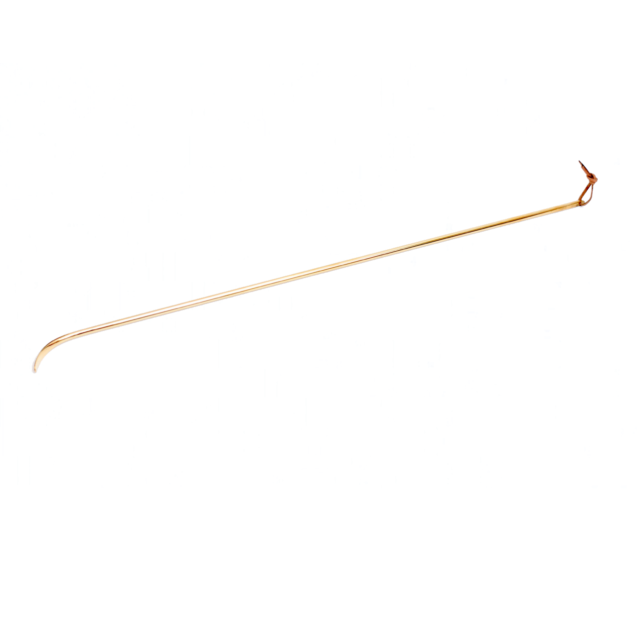 A long, thin metal rod with a slightly curved end and a small loop at the opposite end set against a white backdrop evokes the refined elegance of Werkstätte Carl Auböck’s Shoehorn #4226.