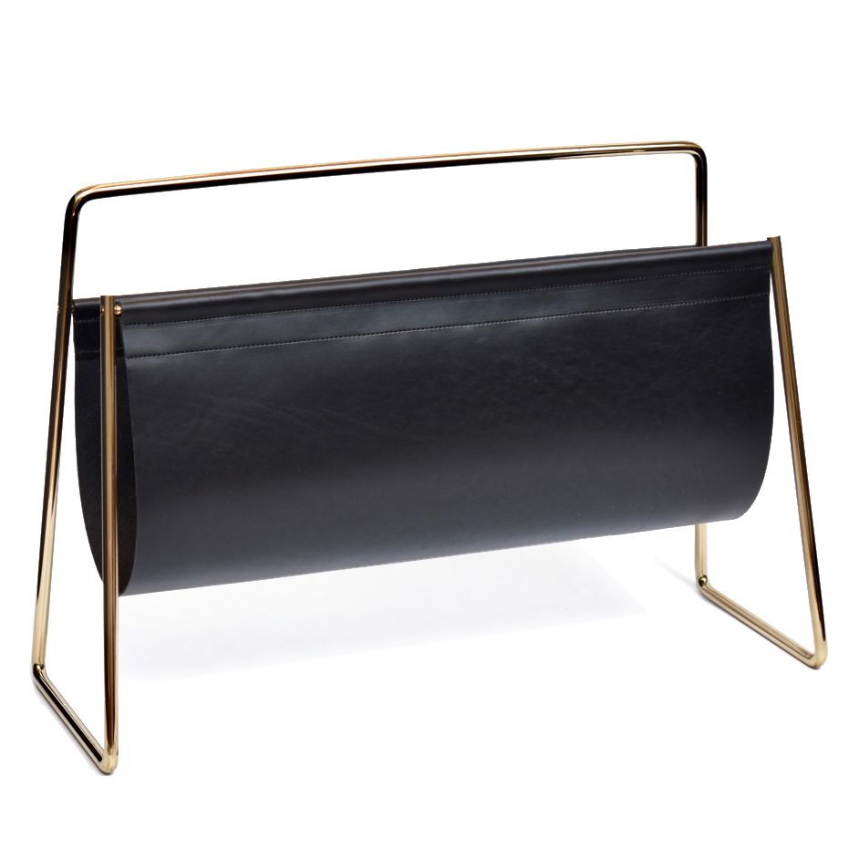 The Magazine Rack #4488 by Werkstätte Carl Auböck features a sleek black leather sling on a gold metallic frame, embodying minimalistic elegance.