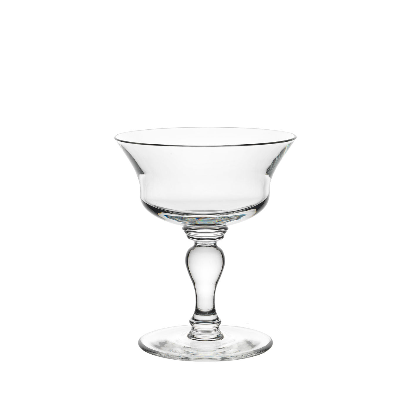 The Lobmeyr Drinking Set No. 231 - Barock, a sophisticated clear glass coupe with a wide bowl and elegant stem on a circular base, shines against a white background, reflecting its polished, mouth-blown lead-free crystal craftsmanship.