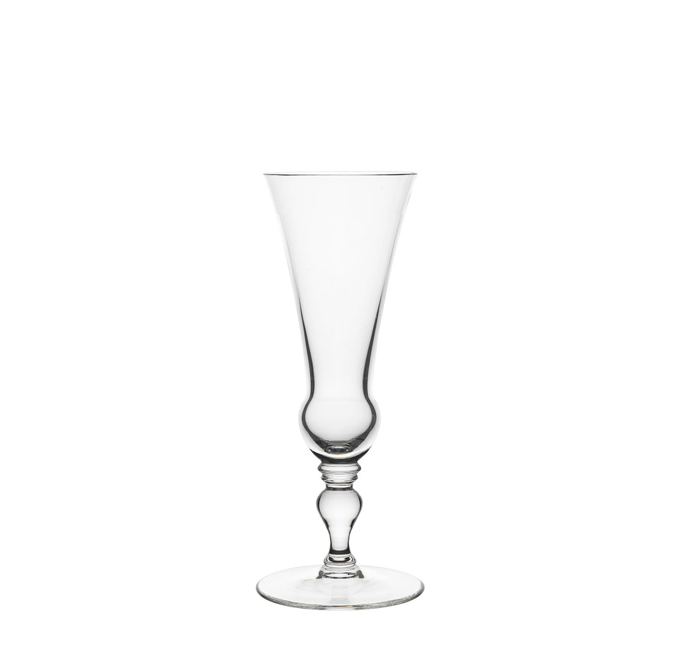 A tall, clear glass from Lobmeyrs Drinking Set No. 231 - Barock, featuring a decorative stem and flared top, elegantly showcases champagne or cocktails against a plain white background.