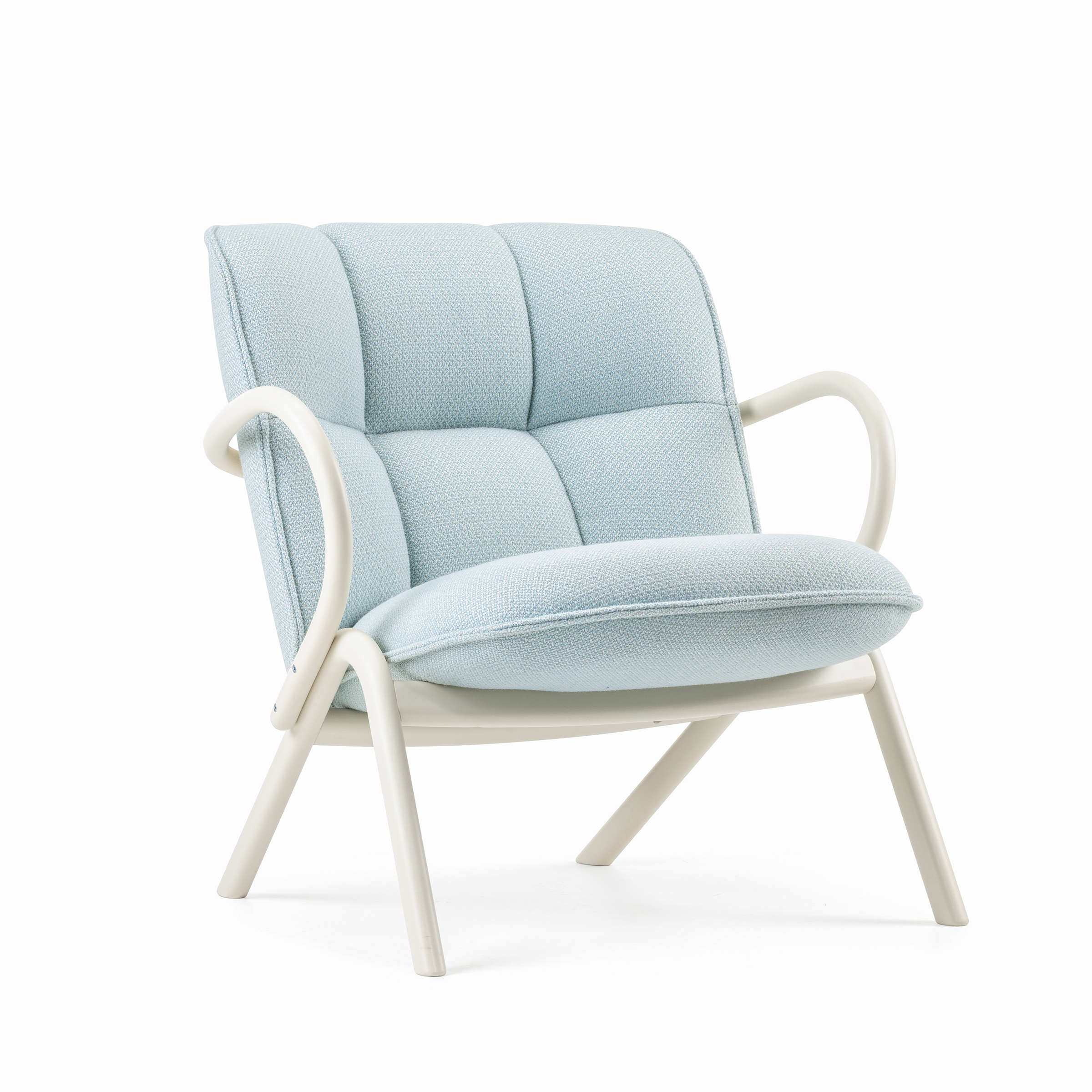 Cissy Lounge Chair Low-Back in light blue upholstery with curved white bentwood frame and plush cushioning.