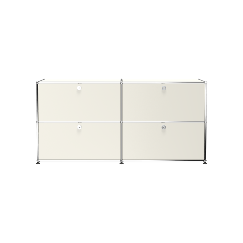 Haller Credenza E2 with four lockable drop-down doors in powder-coated steel and chrome frame, Pure White finish.