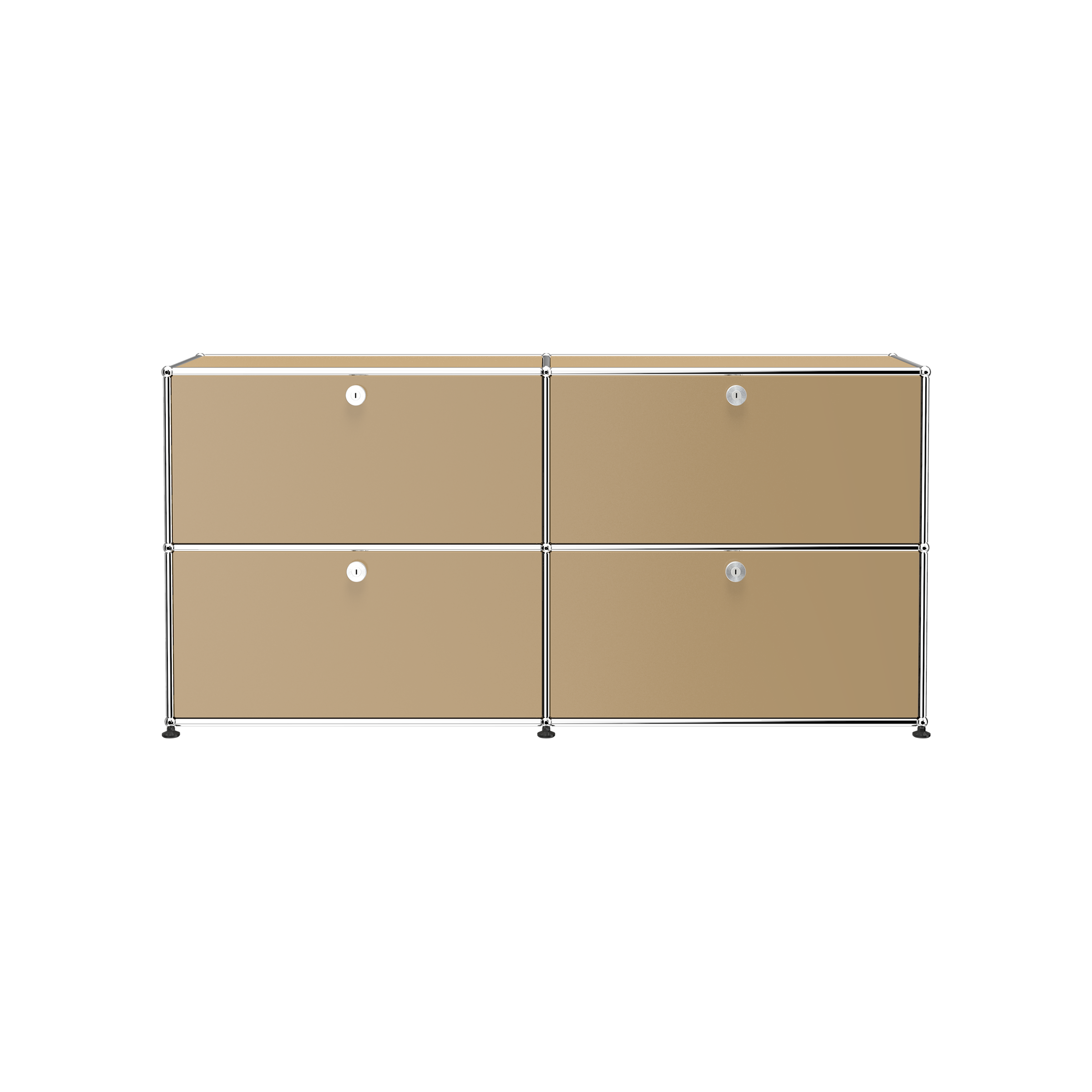 Haller Credenza E2 in USM Beige with four lockable drop-down doors and chrome steel frame, modern storage solution.