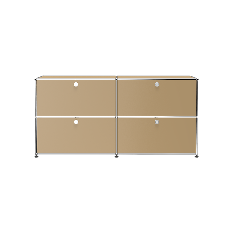 Haller Credenza E2 in USM Beige with four lockable drop-down doors and chrome steel frame, modern storage solution.