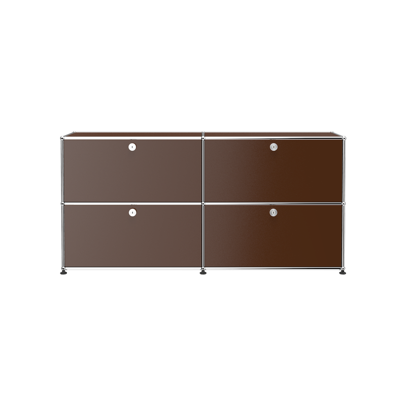 Haller Credenza E2 in brown powder-coated steel with four lockable drop-down doors and chrome frame.