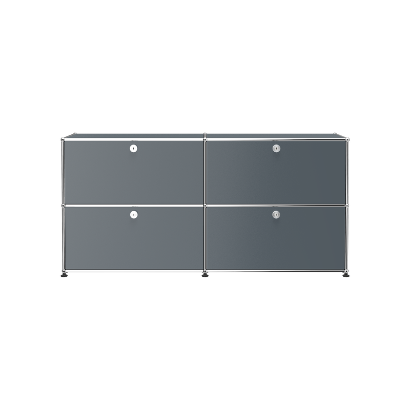 Haller Credenza E2 in graphite black with four lockable drop-down doors and chrome steel frame.