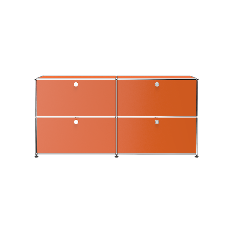 Haller Credenza E2 with four lockable 14"H orange drop-down doors and chrome steel frame, modern storage solution.