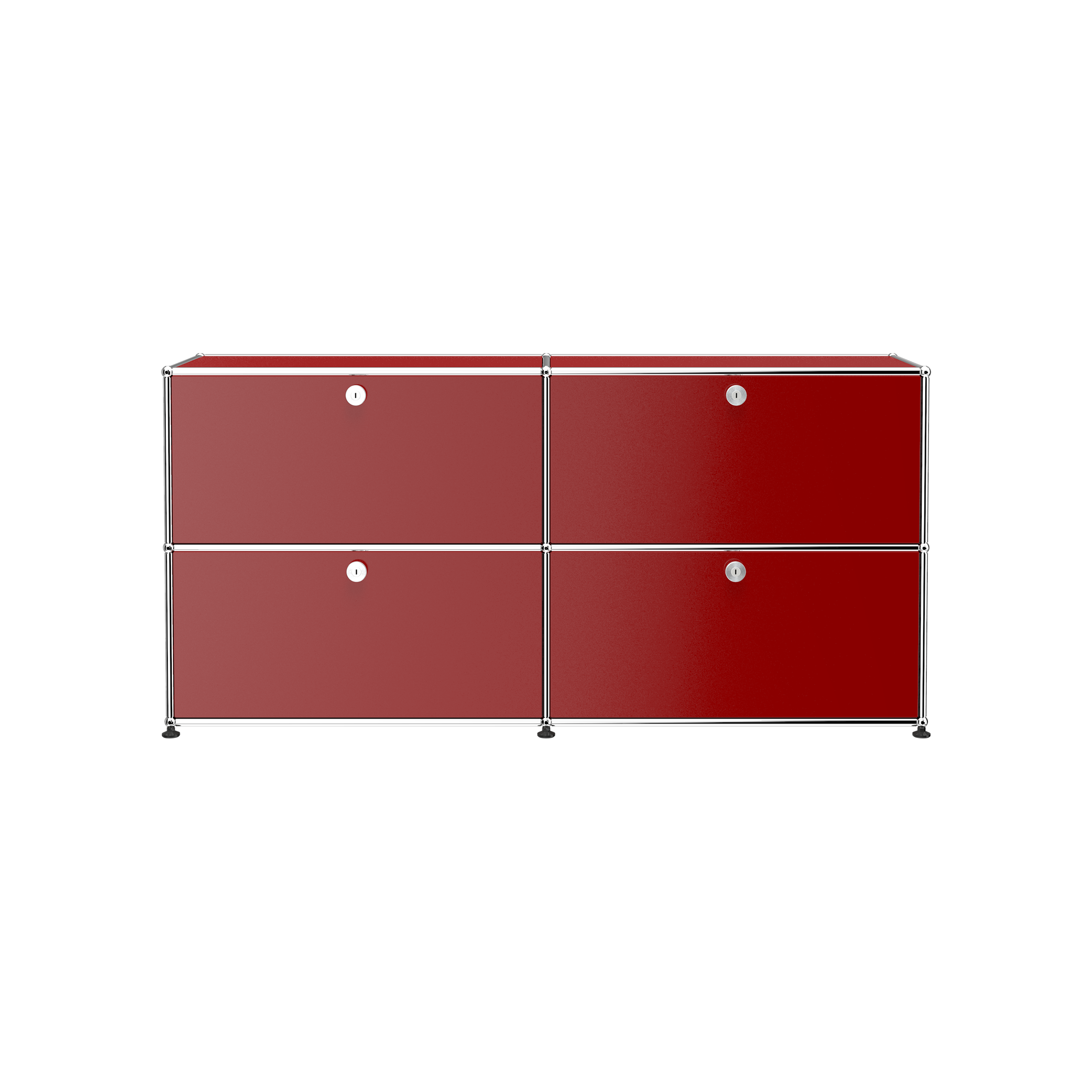 Haller Credenza E2 in USM Ruby Red with four lockable drop-down doors and chrome steel frame.