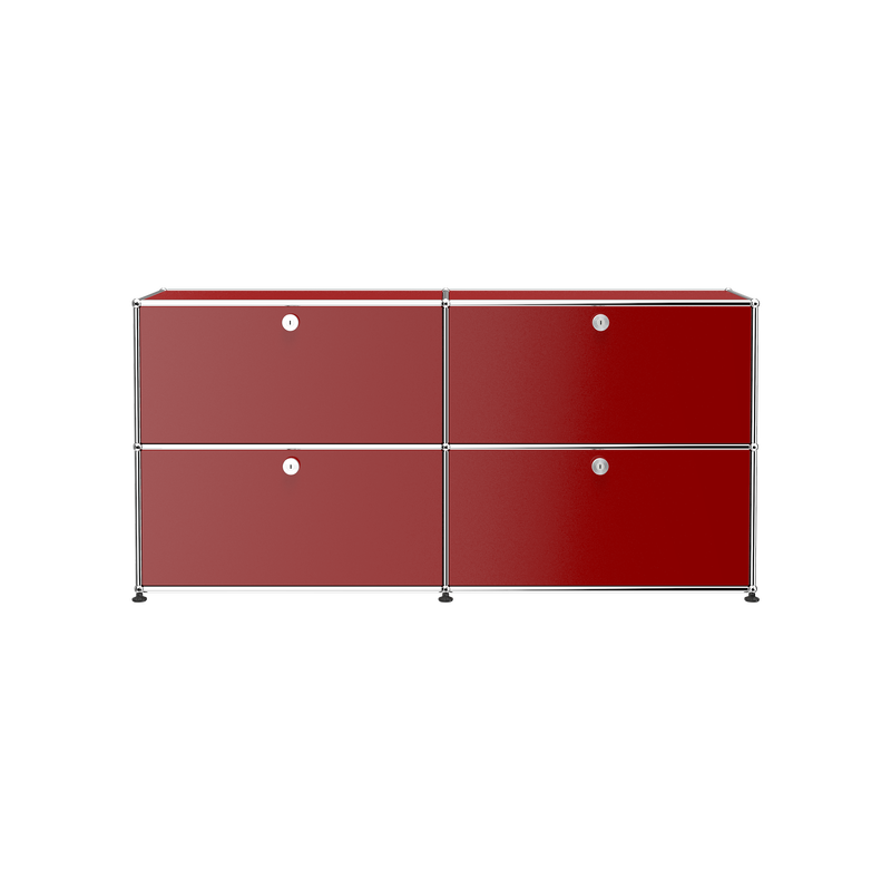 Haller Credenza E2 in USM Ruby Red with four lockable drop-down doors and chrome steel frame.